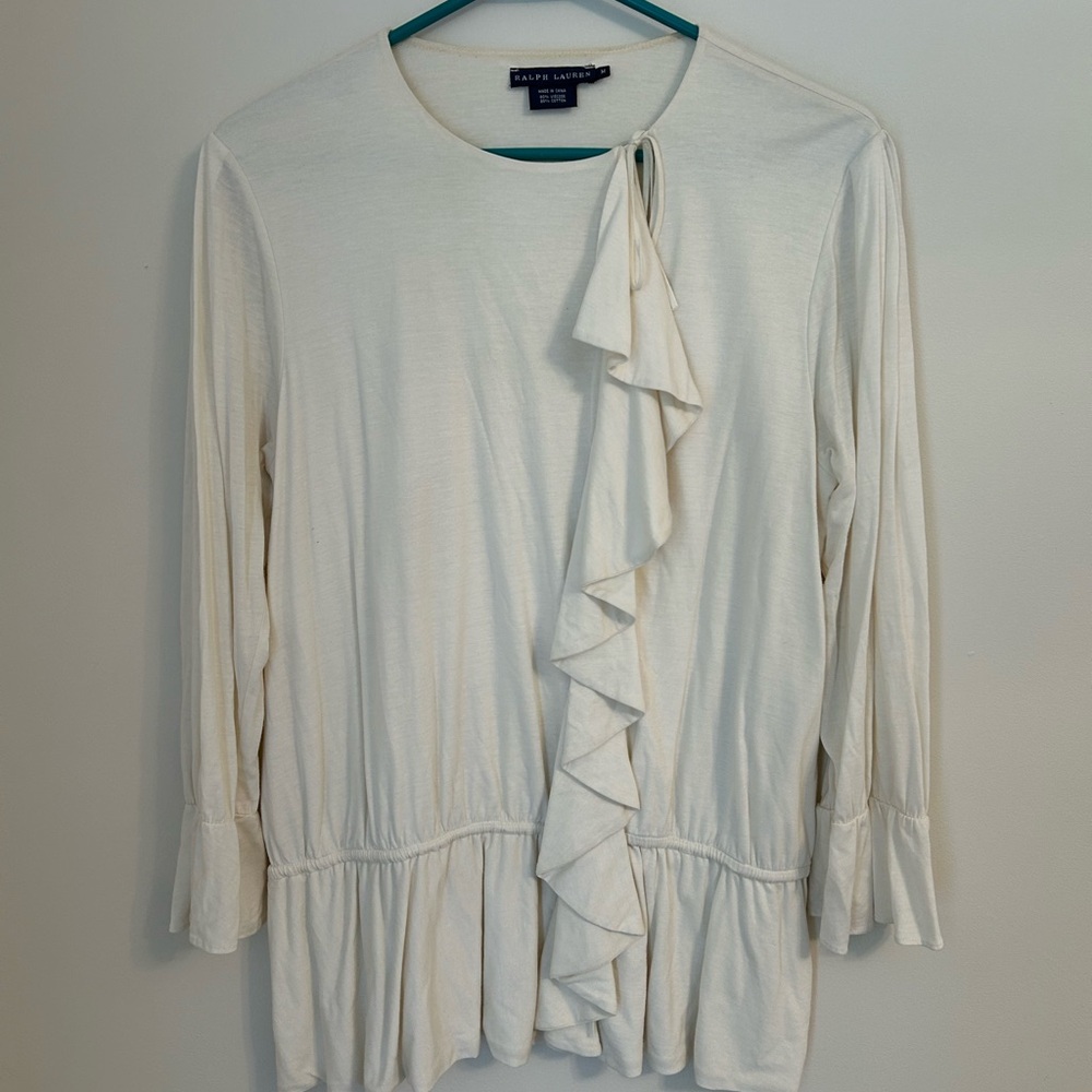 Ralph Lauren Blue Label Ruffle Blouse, Ivory, Medium MSRP $245 Viscose Cotton